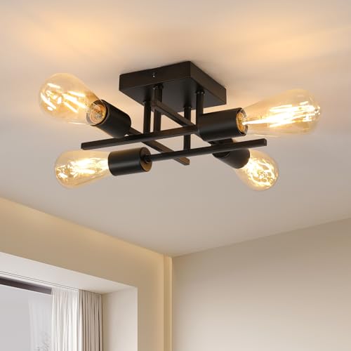 Goeco Deckenleuchte Vintage, Industrial Kronleuchter Lampe E27 4 Flammig Metall, Retro Deckenlampe Schwarz Pendelleuchte für Schlafzimmer, Wohnzimmer,