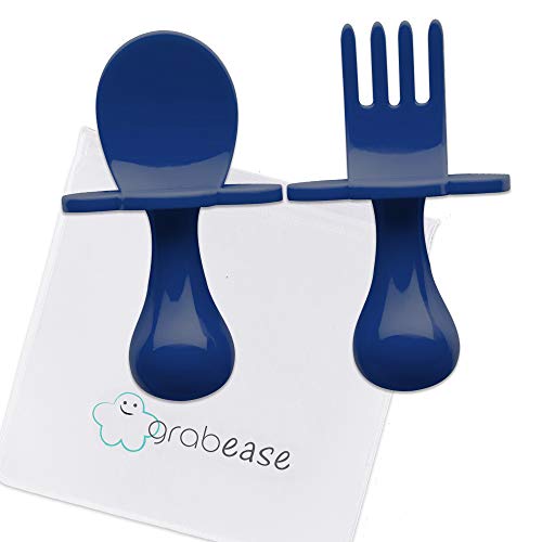 GRABEASE First Self Feed Baby Utensils with a Togo Pouch - Anti-Choke, BPA-Free Baby Spoon and Fork Toddler Utensils - Toddler Silverware for Baby Led Weaning Ages 6 Months+, Navy