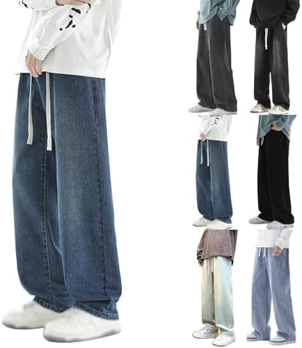 Tracksuit Bottoms Men Wide Leg Trousers for Men Casual Drawstring Elasticated Waist Pockets Joggers Loose Straight Plain Plus Size Trousers Breathable Lining Thermal Pants Drawstring Black XXL