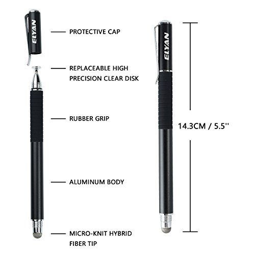ELYAN Capacitive Stylus Pen,Disc Tip & Fiber Tip 2in1 Series, High Sensitivity & Precision styli Pens, Universal for Tablet and Touch Screens Devices (Black)