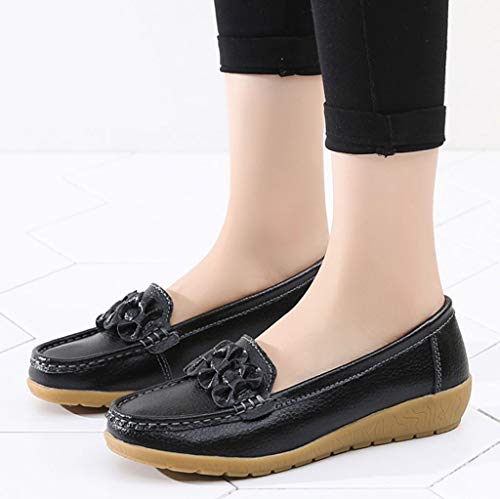 Women's Leather Loafers Moccasins Wild Driving Casual Flats Oxfords Breathable Shoes Black - Thumbnail 3
