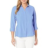 Women's Button Down Shirt 4-Way Stretch V Neck Blouse Wrinkle Resistant & Breathable 3/4 Sleeve Collared Work Top