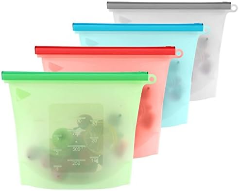 WholFam Reusable 1-Liter (1-Quart) Silicone Food Storage Bags for Fruits, Vegetables, Meat and More (Set of 4)
