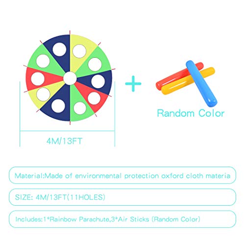 HAPPYMATY Rainbow Umbrella Parachute 13 Foot with 10 Handles for Kids,Play Parachute Outdoor Games(Whack a Mole) Activities Toys with 3 Air Sticks 4M/13FT