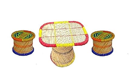 SPHINX Assorted Colored Cane Furniture Set of 3 Pcs - 2 Stools + 1 Centre Table