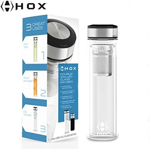 HOX Best Double-Walled Borosilicate 16oz Glass Tea Bottle Infuser, Removable Quality Stainless Steel Mesh Leaf Strainer, Neoprene Sleeve, for Tea, Coffee, Cold Brew Infuser by HOX LLC