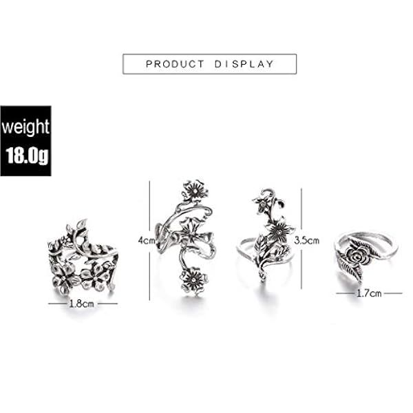 Crysly Boho ナックルリング シルバーカービング フラワー スタッキングリングセット ミドルリング レディース ガールズ 4個