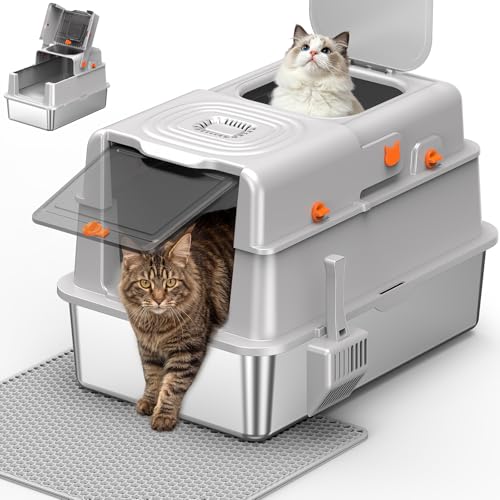Stainless Steel Litter Tray with Lid, Large Cat Tray, Closed Tray with Odor Control, Charcoal Filter & Double Enter, Easy to Clean, Non-stick, Durable, Light Grey