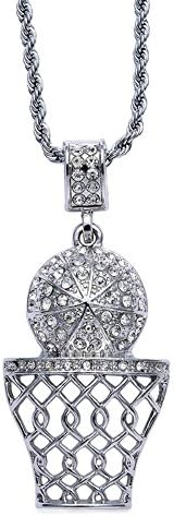 Zizii Iced Out Gold Hip Hop Bling Basketball Hoop Net Crystal Pendant Necklace 30" Rope Chain Necklace Jewelry (Silver)