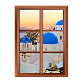 Wall26 Removable Wall Sticker/Wall Mural - Beautiful Blue Dome Churches of Santorini, Greece - Creative Window View Vinyl Sticker - 24"x32"