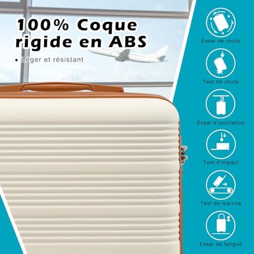Valise Cabine 55x40x20 pour Easyjet, Sacs de Voyage 45x36x20cm pour Courts Séjours et Voyages d'affaires, Coque Rigide en ABS avec Serrure TSA, 4 Roues Pivotantes à 360° (Blanc/Marron)