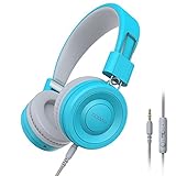 COOAU Lightweight On-Ear Headphones Hi-Fi Stereo Earphones Wired Foldable Headset with Built-in Mic for Iphone and Android Devices, Blue