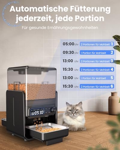 Futterautomat Katze für 2 Katzen, 5L/20 Tassen Katzenfutter Automat mit verstellbaren Schalen, Abnehmbares Bedienfeld, zeitgesteuert, Katzen- und Hunde Futterautomat für Trockenfutter