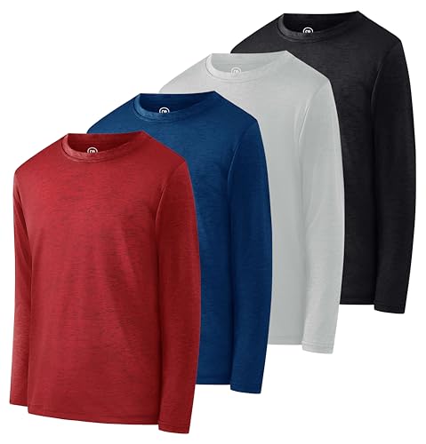 Real Essentials 4 Pack: Boys Youth Dry-Fit Moisture Wicking Active Athletic Performance Long-Sleeve T-Shirt