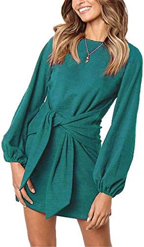 MIDOSOO Womens Casual Round Neck Puff Sleeve Tie Knot Front Solid Pencil Dress