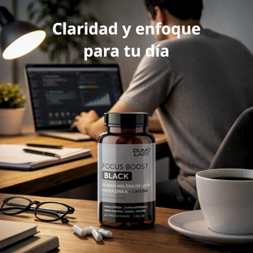 Dumo Focus Boost Black | Nootrópico Natural con Melena de León, Bacopa, Cafeína y Huperzina A | Energía Mental, Enfoque y Rendimiento Diario | 60 Cápsulas Veganas sin Gluten | 1 mes de consumo