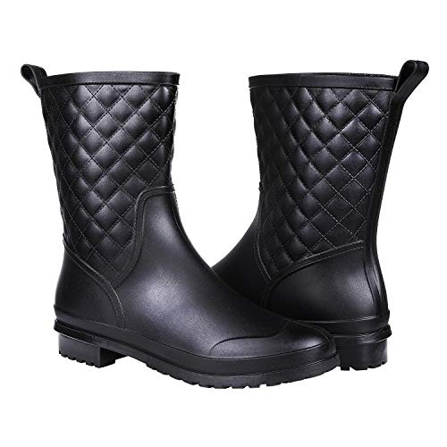 Litfun Womens Black Mid Calf Rain Boots Outdoor Work Waterproof Garden Booties Wide Calf Rain Shoes