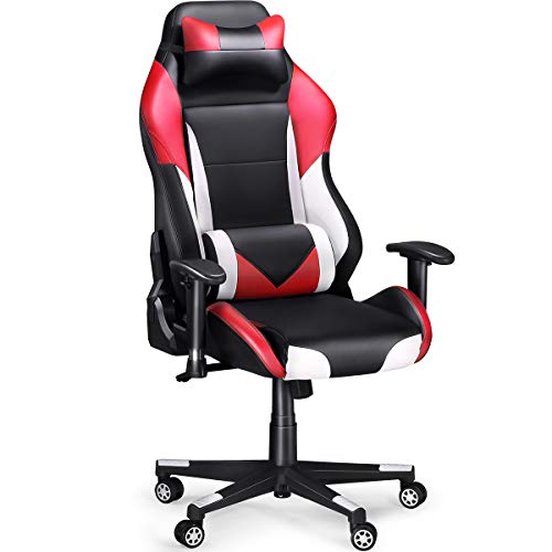 Sedia-Gaming-SLYPNOS-Gaming-Chair-Economica-di-Finta-Pelle-Alta-1315-cm-Inclinazione-fra-90-e-135-Portata-136-kg-Cuscini-Lombare-e-Testa-Amovibili-e-Flessibili-Rossa