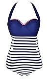Cocoship Retro Navy White Two Tone Vintage Sailor Stripe One Piece Maillot Pin Up Swimsuit(FBA)