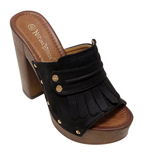 Nature Breeze Maroon-03 women's woody platform chunky High Heel Fringe Studded Open Toe Clogs