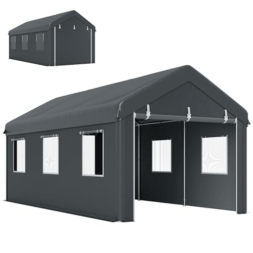 Outsunny 10' x 20' Carport Portable Garage Heavy Duty, Dark Grey | Car Port Canopy, 2 Roll-up Doors, 6 Ventilated Windows, for Car, Truck, Boat, Garden Tools