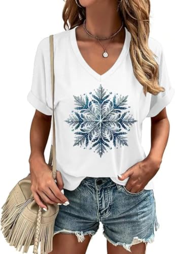 Nigbriz Women's Christmas Snowflake Print V-Neck T-Shirt,White-7,S at Amazon