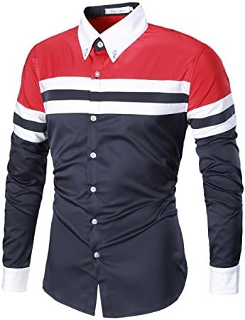 Winoto Fashion Mens Leisure Long Shirt Long Sleeved T-shirt Casual Shirts(navy & red,L)