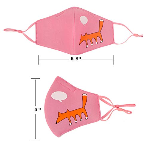 AOGE 2Pcs Washable Reusable Face Mask for Kids Adjustable Ear Loops, Cute Cartoon Print Mask, Breathable Protective Cotton Fabric Cloth Face Cover with Dust Filter Pocket (Puppy&Fox)