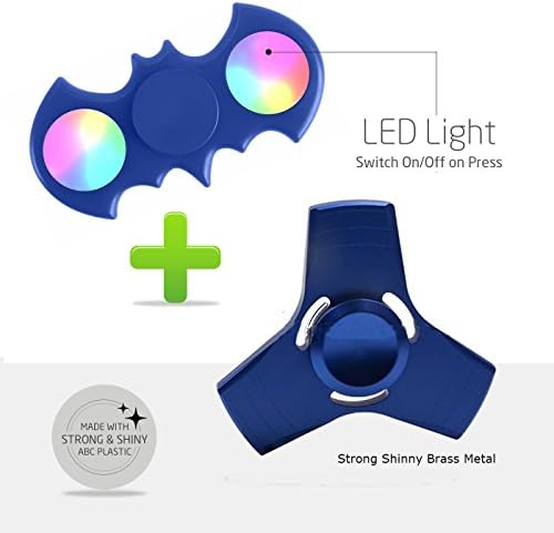 [2 Pieces] LED Light Up BATMAN Fidget Spinner w/ Switch for Colorful Lights - Plus Brass Metal TRI Sensory Finger Fiddle Toy, Perfect For Boredom ADHD Anxiety Stress Relief -For Adults &amp; Kids