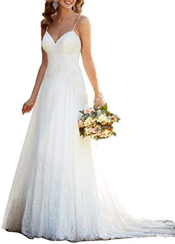 SHNE Women's Spaghetti Straps V Neck Soft Chiffon Beach Wedding Dresses Boho Bridal Gown Ivory US10