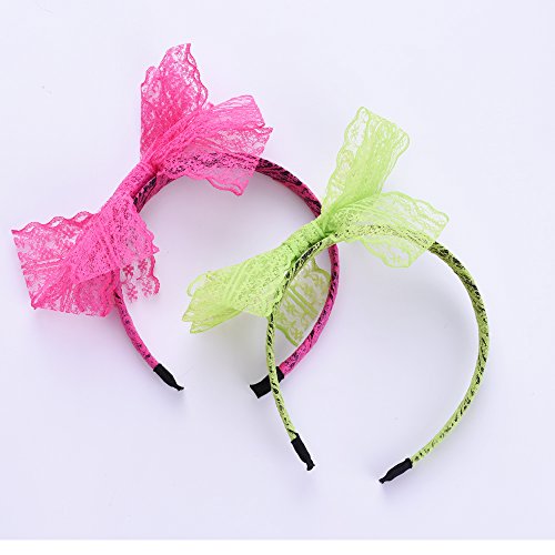 LEKUSHA Women's 80s Costume Accessories Neon Lace Headband Hair Band with Bow, Green Rose Red, Set of 2