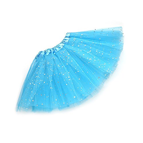 Dahen Kids Girls Professional 3 Layers Dance Tutu Tulle Skirt Princess Ballet Dance Dress With Sparkling Sequins (Blue)