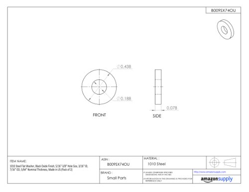 1010 Steel Flat Washer, Black Oxide Finish, 5/16"-3/8" Hole Size, 3/16" ID, 7/16" OD, 5/64" Nominal Thickness, Made in US (Pack of 2) - Thumbnail 2