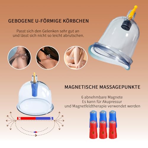 Cupping Glasses with Vacuum Pump & Therapy Magnets + Fascia Scraper, Cupping (18 Pieces) Against Tension & Cellulite and Lymphatic Drainage, High-Quality Cupping Glass Set for Face and Body