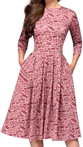 Cenglings Blouse Women's 3/4 Sleeve Floral Print A-line Vintage Printing Party Vestidos Dress