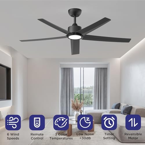 ocioc - Ventiladores de techo de 52 pulgadas con luces, paquete de 2 ventiladores de techo negro con luz y control remoto, 3CCT, motor de CC silencioso, ventilador de techo moderno de 5 aspas para