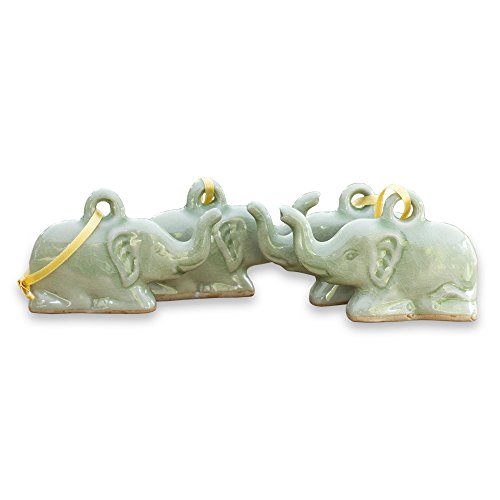 NOVICA Handmade Celadon Ceramic Christmas Ornaments, 'Lucky Green Holiday Elephants' (set of 4), Made in Thailand