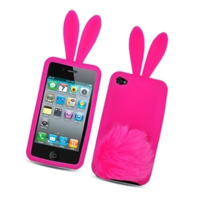 Hot Pink Bunny with Fur Tail Design Snap on Soft Silicon Skin Cover Case for Apple Ipod Touch Itouch 4 4g 4th Gen