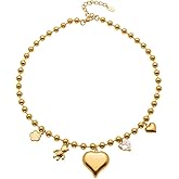 Kokoma Chunky Heart Pendant Necklace for Women, Stainless Steel Ball Choker Necklace Chain Bear Flower Crystal Dangling Charms Fashion Jewelry