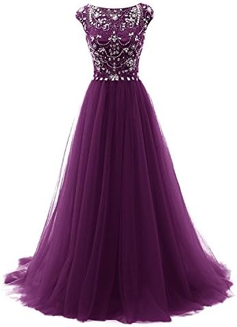 FASHION DRESS Women's Beads Long Prom Dress Tulle Cap Sleeves Evening Dress US10 Grape