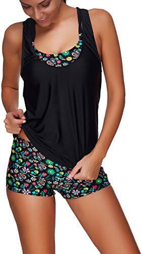 QingLemon Women's Swimwear Tribal Printed Double up Boyshort Tankini Sets Sporty Swimsuit Pineapple Beachwear(FBA)