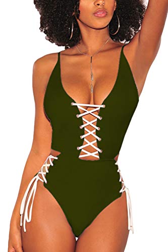 Almaree Lace Up Swimsuit for Women V Neck Criss Cross Cutout 1 Piece Swimwear Green M