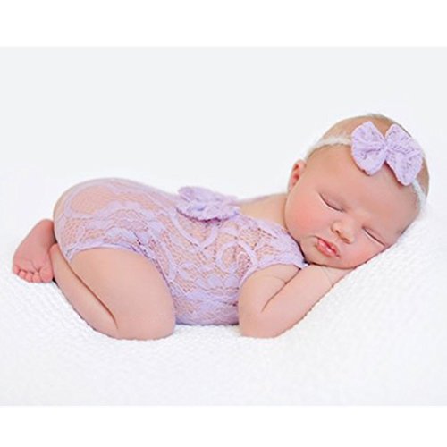 Baby Photography Props Newborn Girl Photo Shoot Outfits Infant Costume Lace Headdress Rompers (Purple)