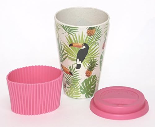 Eco-Friendly Bamboo Travel Mug with Pink Silicone Lid and Sleeve - Tropical Toucan Design