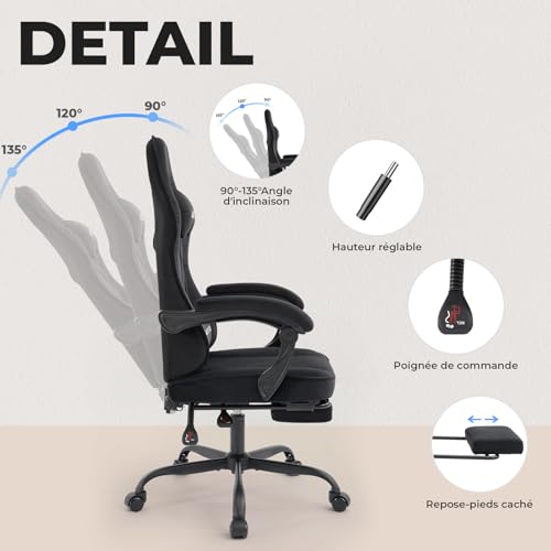 WOTSTA Massage Chaise Gaming Tissu avec Coussin en éponge Haute densité, Siege Gamer avec Repose-Pieds, Fauteuil Gamer pour Adultes Kids,Chaises de Bureau Capacité de Charge 120 kg