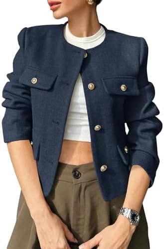 myzgx Women's Fall Casual Button Down Tweed Blazer Jacket Round