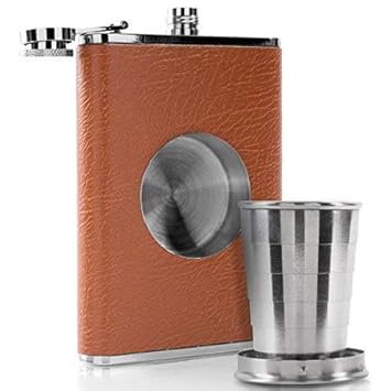 RainSound Stainless Steel Faux Leather Hip Shot Flask with Shot Glass,Wine or Whisky Holder 8 Oz