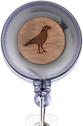 MODERN GOODS SHOP Crow Id Badge Holder - Wooden ID Holder - Laser Engraved Design Custom ID Holder - Clip On Belt/Pocket Retractable ID Badge Holder