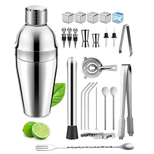 YOMYM Cocktail Shaker Set 25 Pieces Professional Stainless Steel Bar Tools Martini Shaker Bartender Set for Drink Mixing Experience