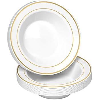 50 Disposable White Gold Trim Plastic Soup Bowls | 14 oz. Premium Heavy Duty Disposable Dinnerware with Real China Design | Safe & Reusable and Great for Parties or Weddings. (50-Pack) Gold